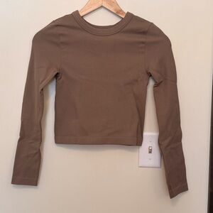 Happily Grey brown ribbed fitted long sleeve crop top
